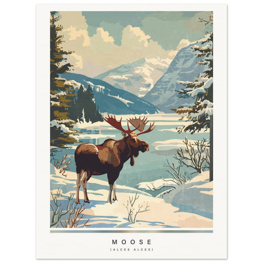 Moose in a snowy landscape with mountains and trees, and a lake.