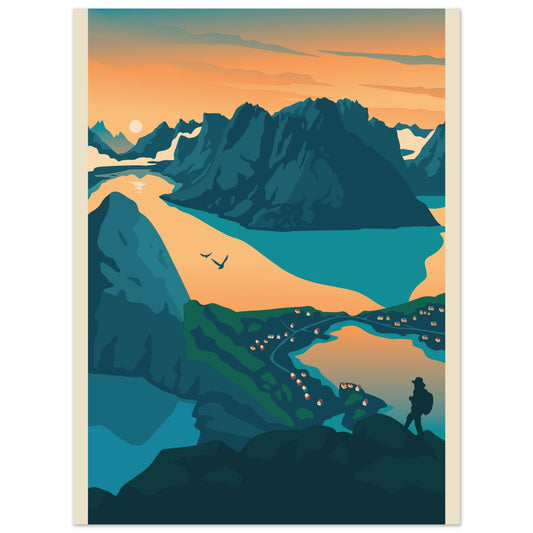 A person standing on Reinebringen mountain, looking out over the fjords of Lofoten as the midnight sun glows on the horizon.