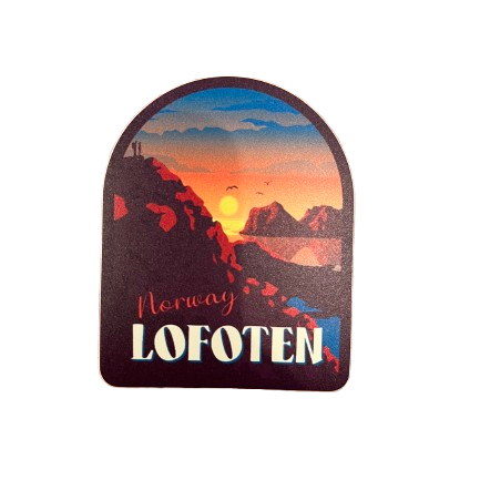Sticker with midnight sun hike in Lofoten. Brown, orange and yellow colors. 
