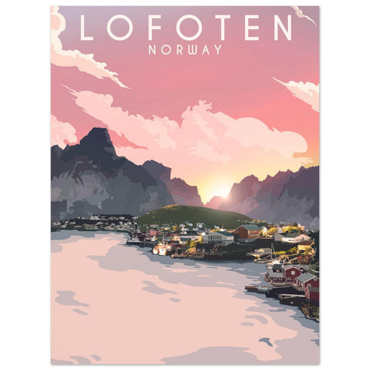 Painted picture in pastel pink, motive from midnight sun in Reine, Lofoten.