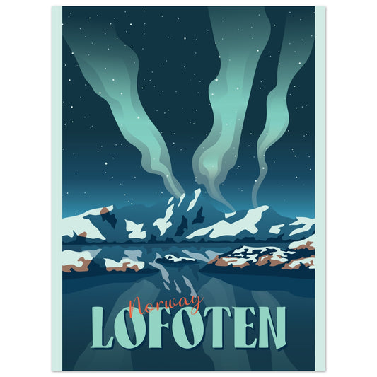 Painted picture with green northern light over the Lofoten mountains. 