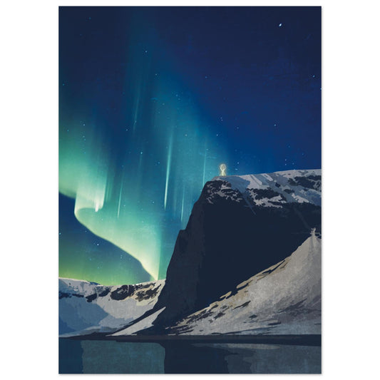 Bright green and purple northern lights dancing above the North Cape Globe monument on a clear winter night.