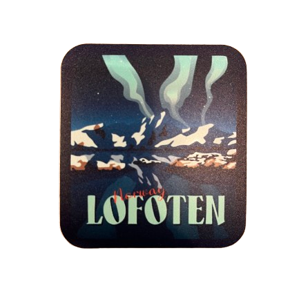 Sticker with snowy mountains and northern lights. Dark blue colors, and bright green and turquise. 