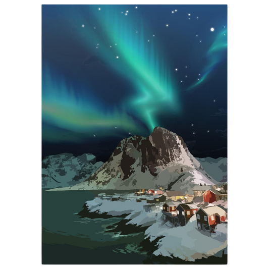 Painted picture with northern lights over Hamnøy in Lofoten