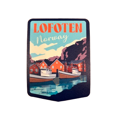 Sticker from the fishing village Nusfjord in Lofoten. Two fishing boats in the front. 