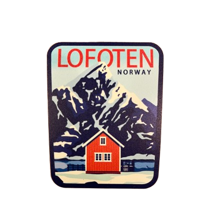 The iconic mountain Olstind with the classic yellow house on Sakrisøy in the front. Sticker. 