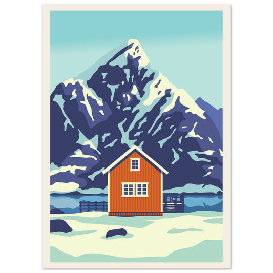 View of Olstinden mountain rising sharply behind the fishing cabins of Sakrisøy, with calm Arctic waters and snow in the background.