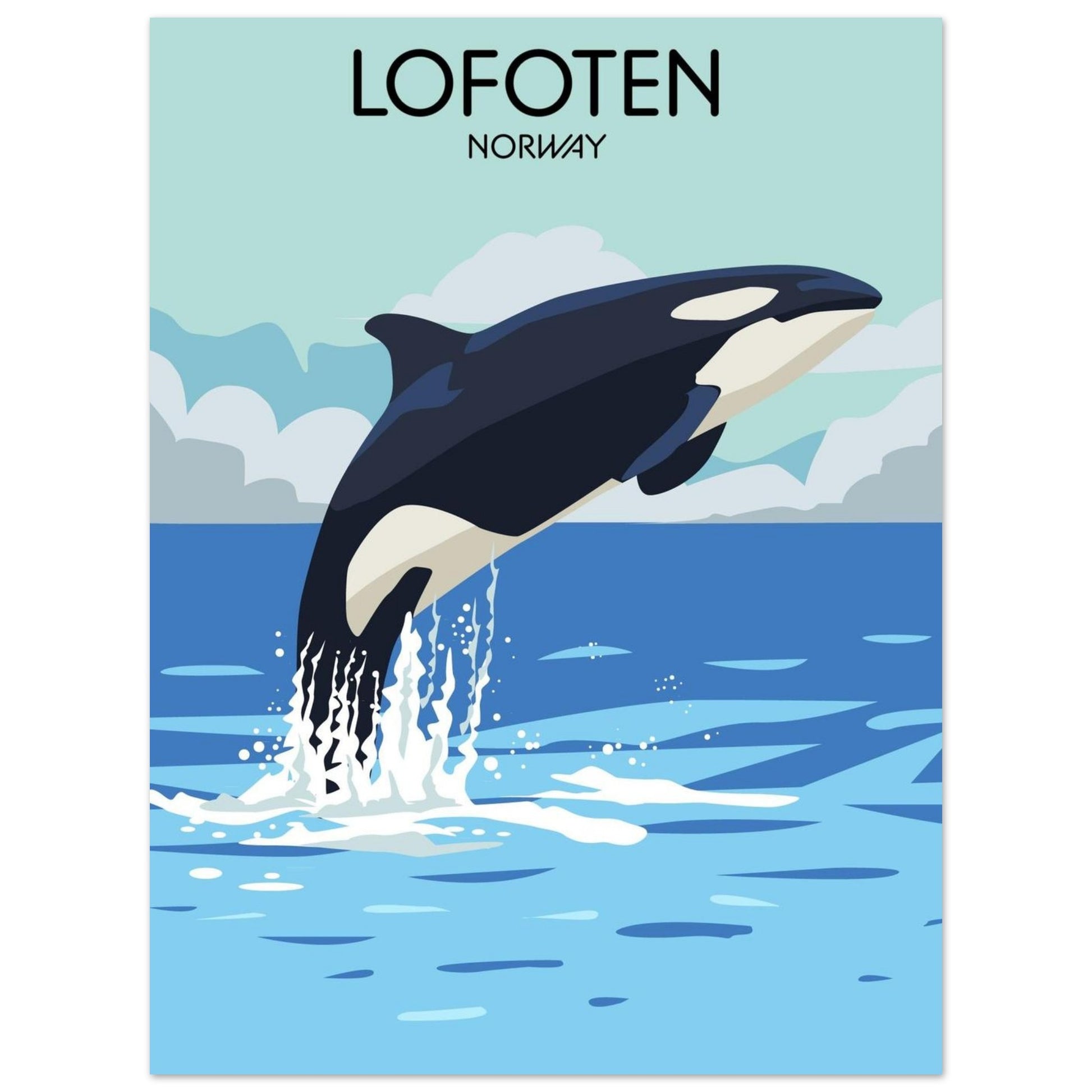 Illustration of a Killer whale jumping out of water with 'Lofoten Norway' text above.