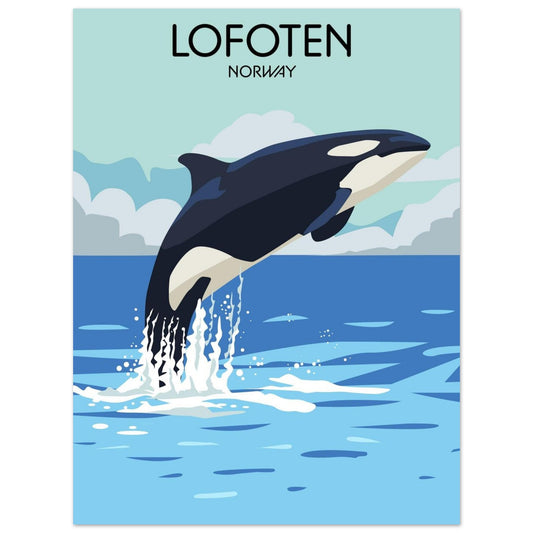 Illustration of a Killer whale jumping out of water with 'Lofoten Norway' text above.