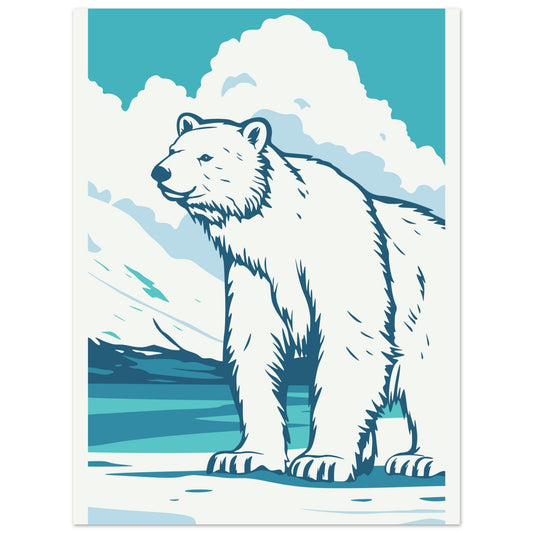 A powerful polar bear standing on snowy Arctic terrain, looking out across the frozen landscape.