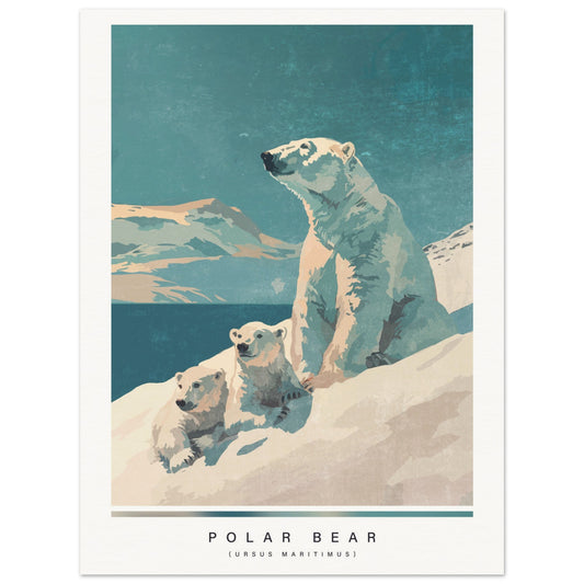 Poster of polar bears on ice with a mountain background. Mom bear and two baby polar bears. 