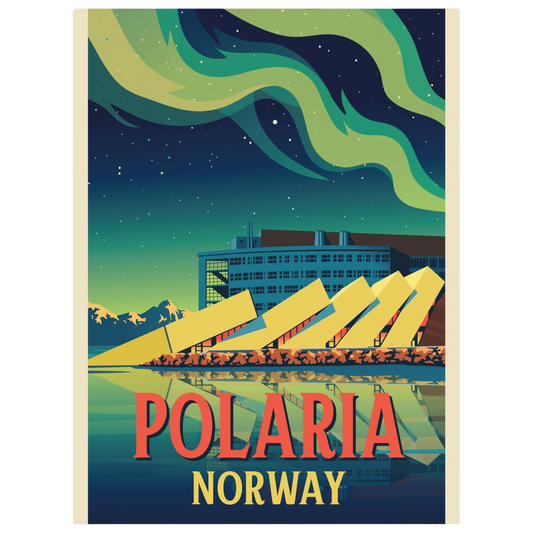 Polaria building in Tromsø, Norway, with Northern Lights glowing above its modern, ice-inspired architecture.