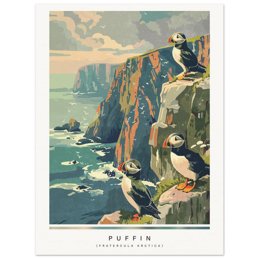 Poster of puffins on a cliff with ocean view