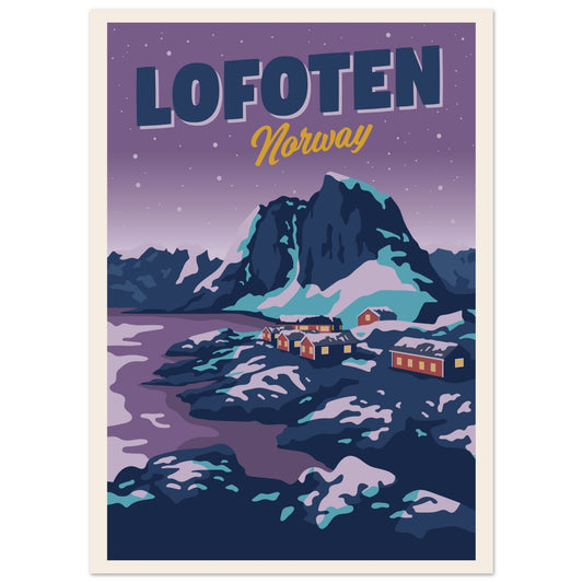 A nighttime winter view of Hamnøy, with snow-covered houses and mountains under a purple sky glowing softly.