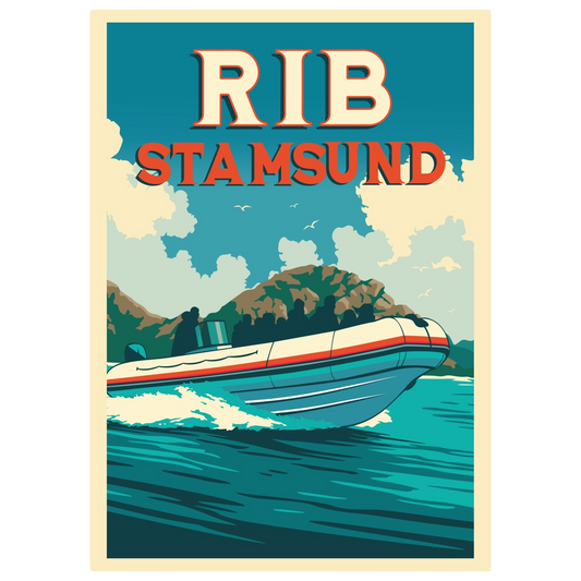 A RIB boat speeding through the water in Stamsund, Lofoten, with mountains in the background.
