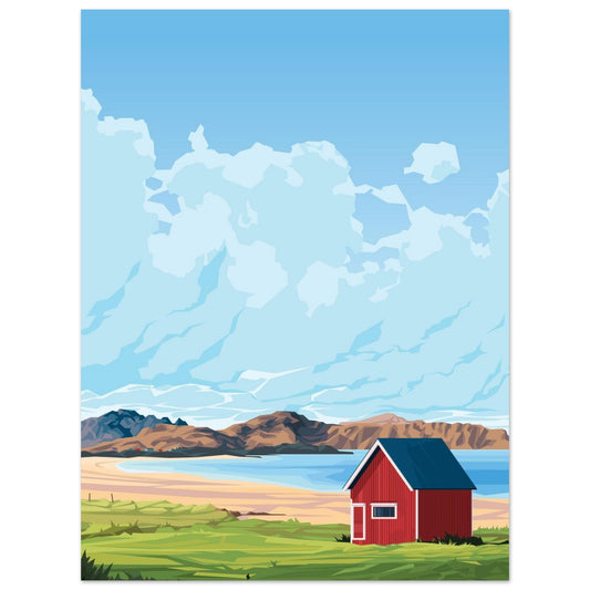 A small red cabin standing alone on the white sands of Ramberg Beach in Lofoten, with turquoise sea and mountain peaks in the background.