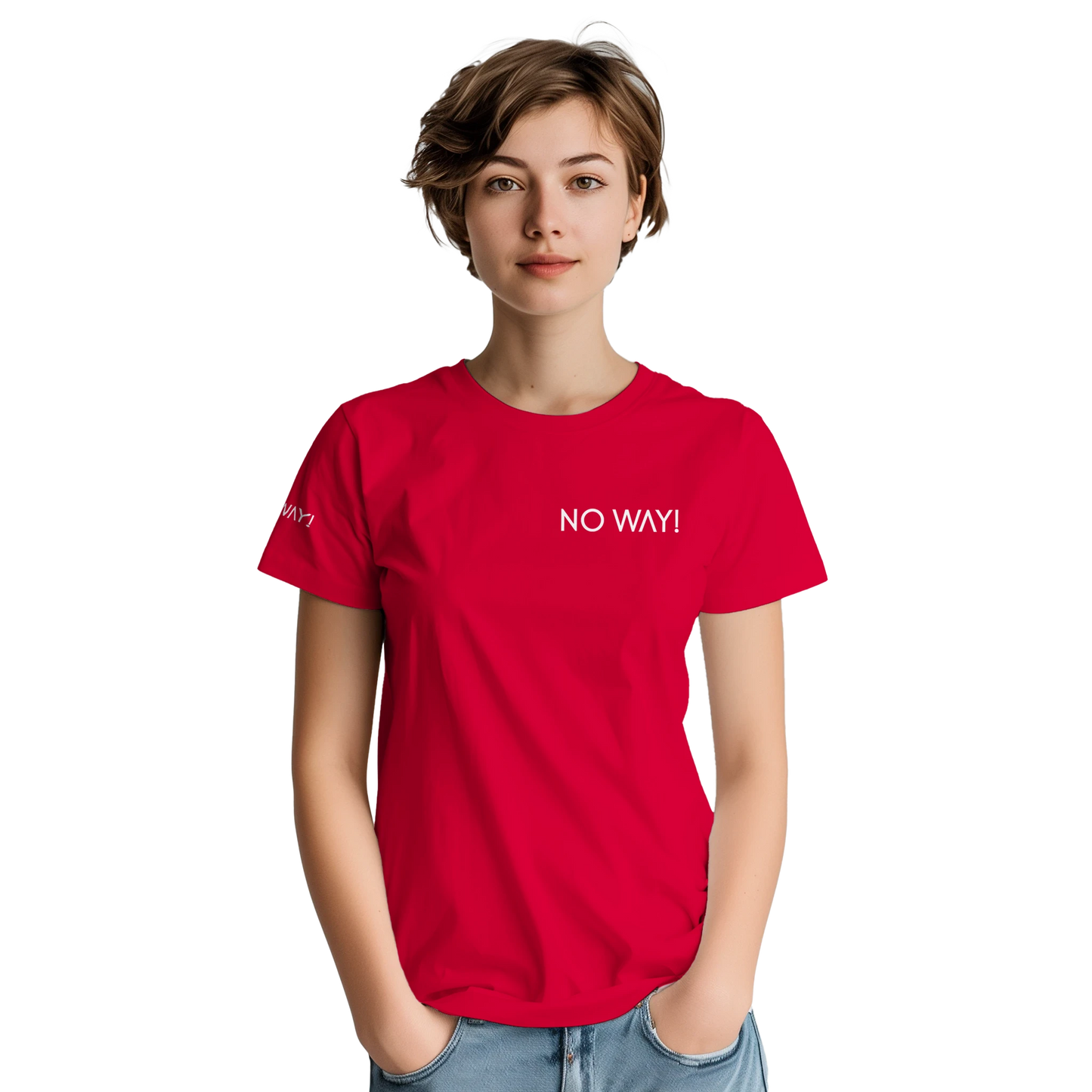 Red NO WAY t-shirt on a female model