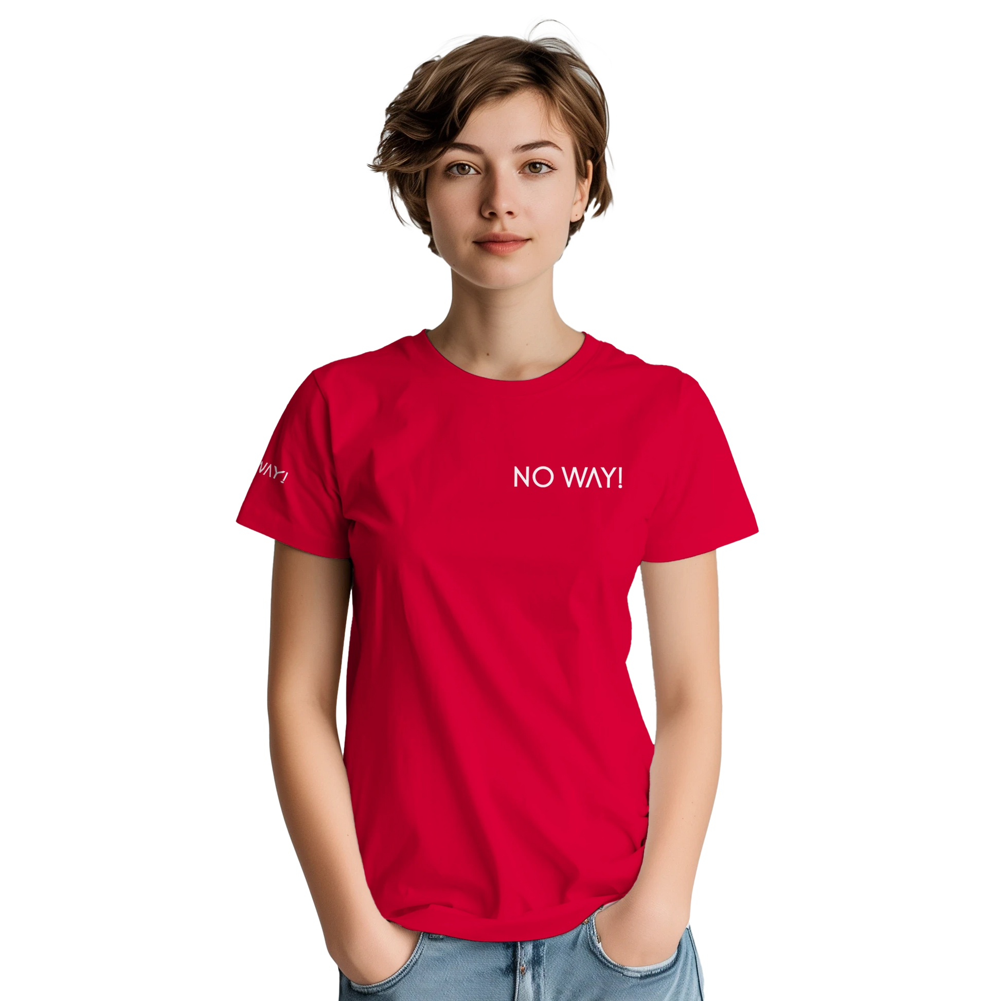 Red NO WAY t-shirt on a female model