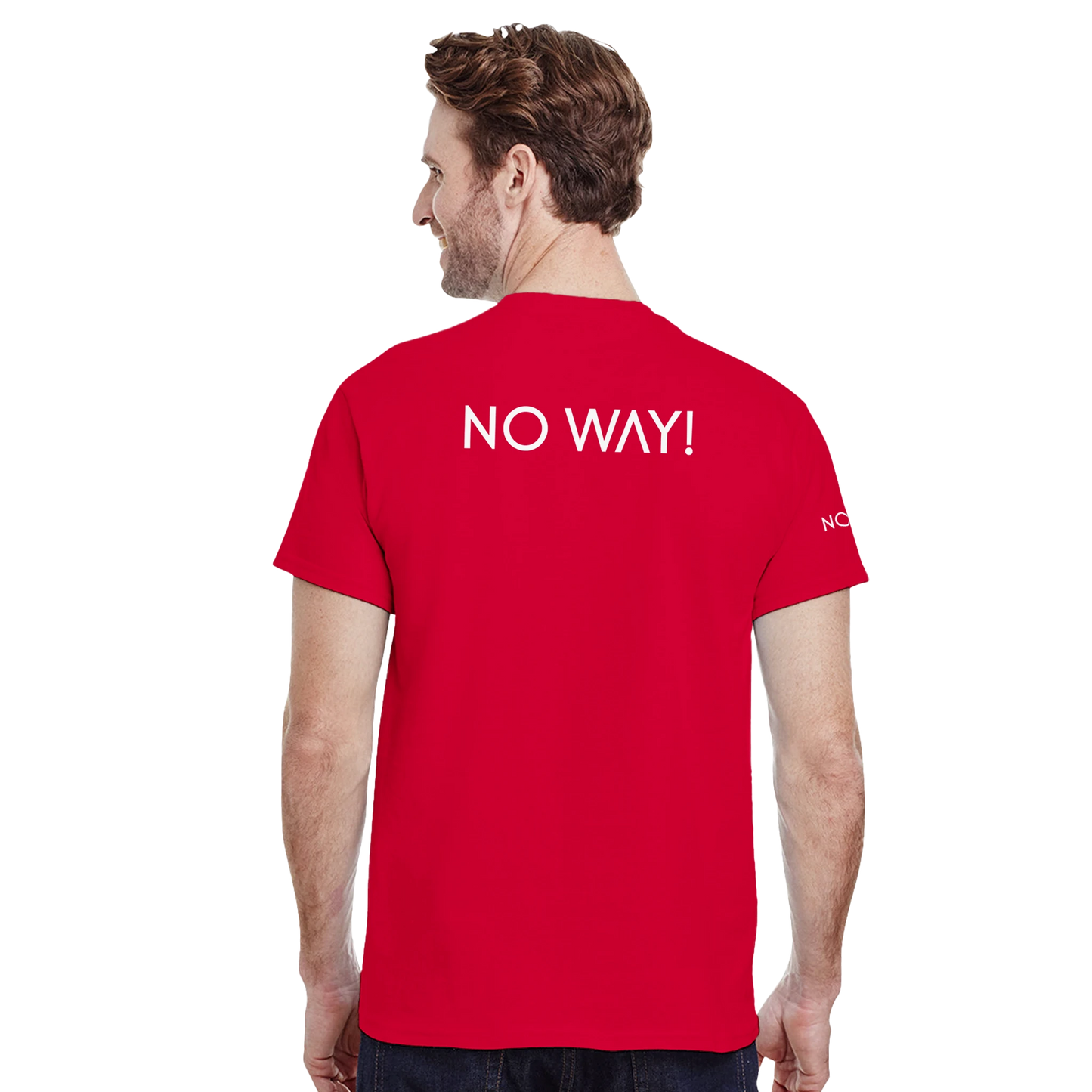 Red NO WAY t-shirt on a male model