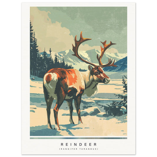 Poster of a reindeer in a snowy landscape with mountains and trees.
