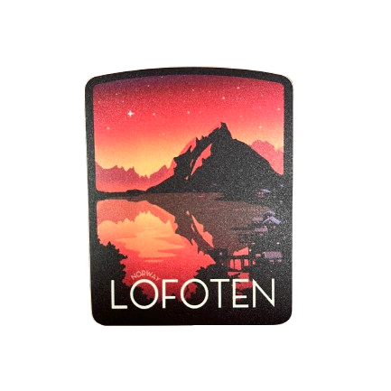 Midnight sun in Reine, sticker. Orange and black colors. 
