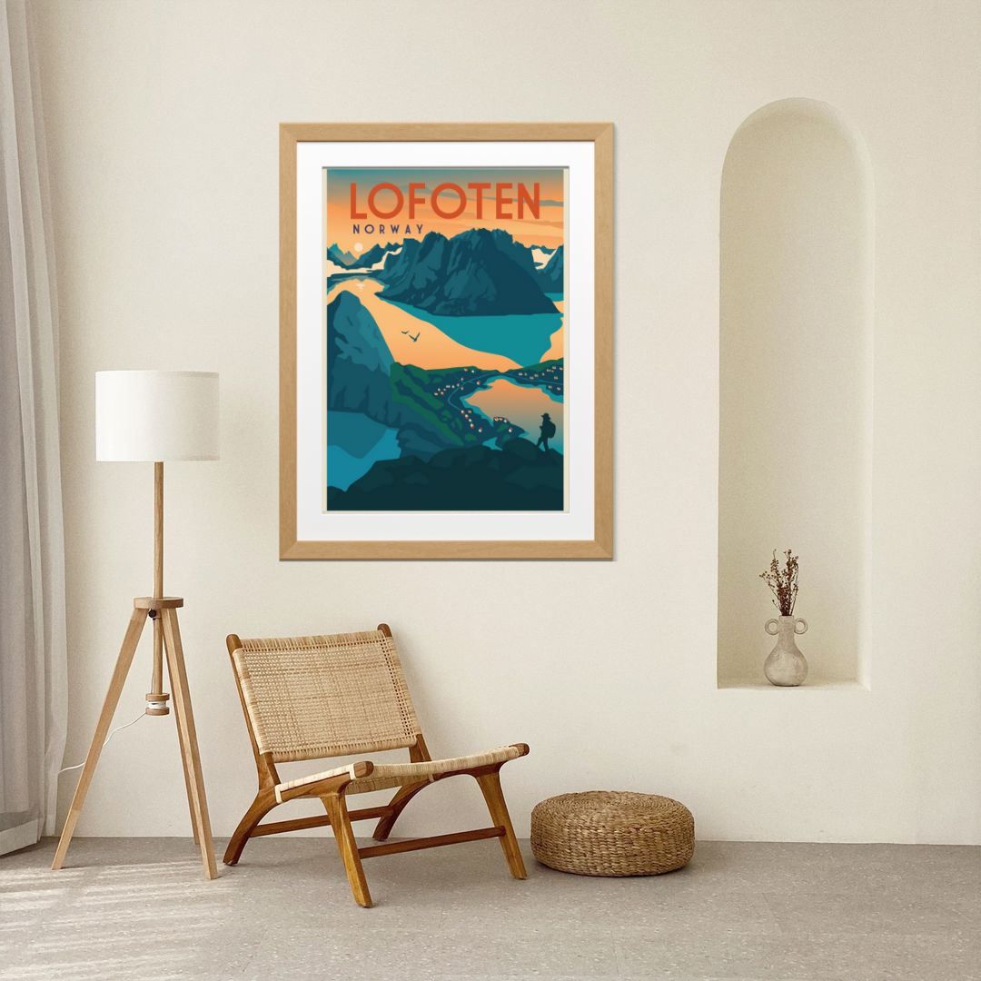 Framed poster from Reinebringen in Lofoten. Evening light and a lonely hiker is enjoying the view. The text says Lofoten Norway.
