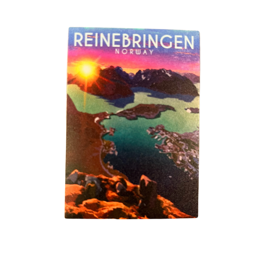 View from the Reinebringen hike in Lofoten, sticker. Pink, blue and yellow colors. 