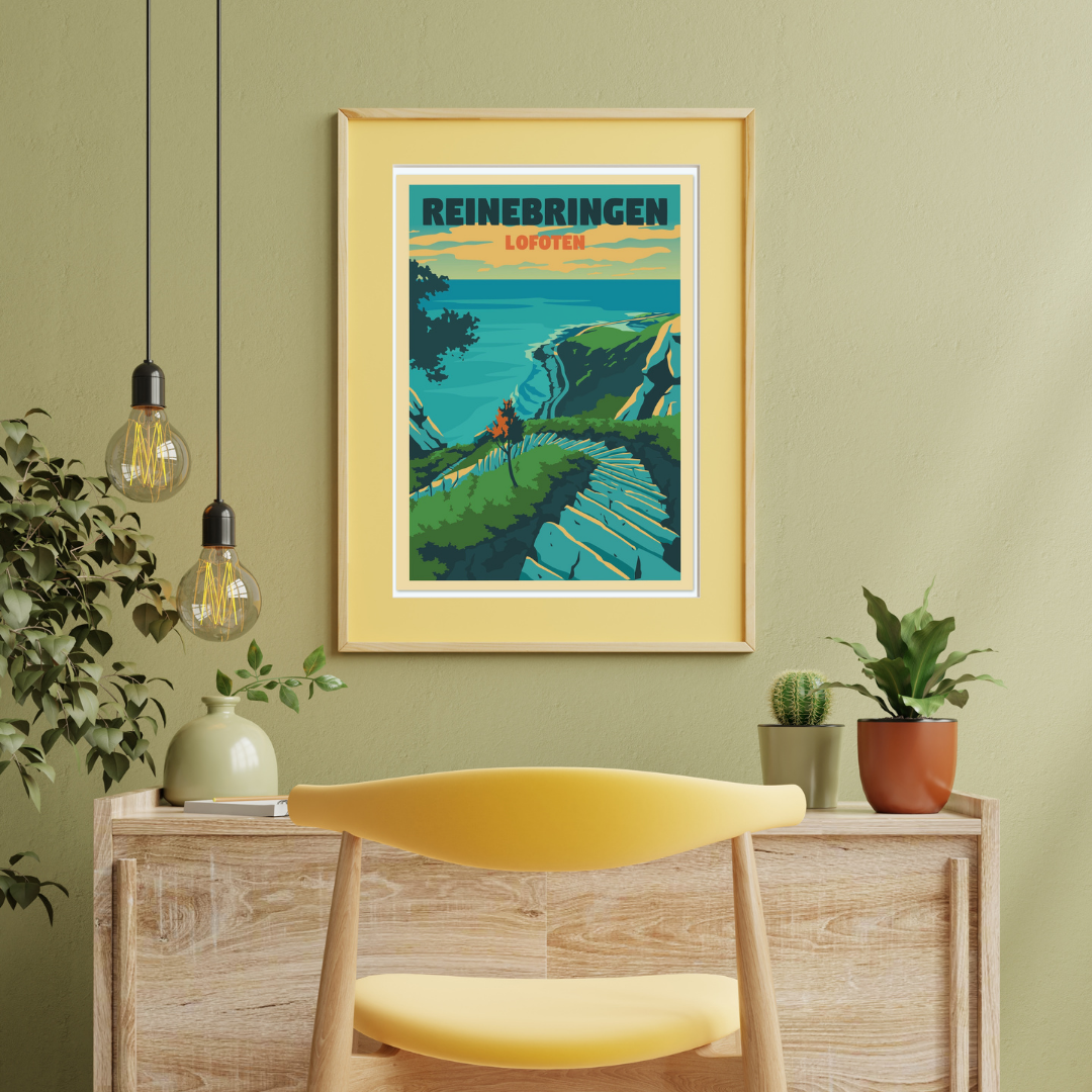 Framed poster of Reinebringen stairs on a sage green wall with a yellow chair and decorative items.