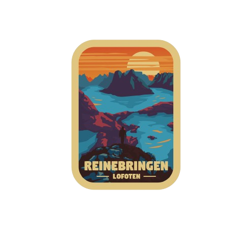 Midnight sun from the top of Reinebringen. Looking down into the fjord below. Steep mountain peaks. All in a small sticker. 