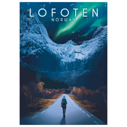 Road to Nusfjord in Lofoten, with aurora. 