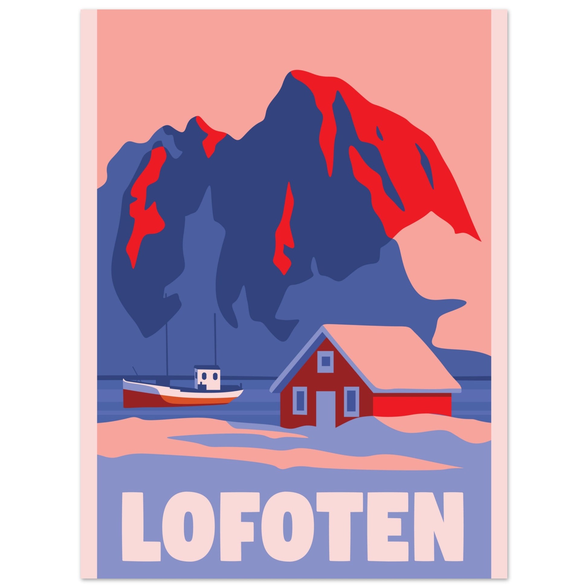 Painted picture in pastel colors. Rorbu, boat and mountain in Lofoten.