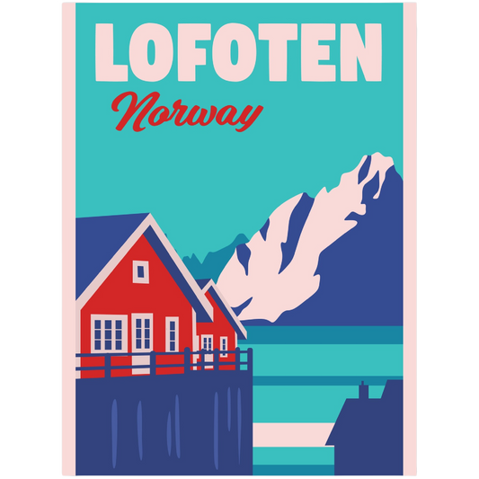 Poster, rorbu and mountains in Lofoten