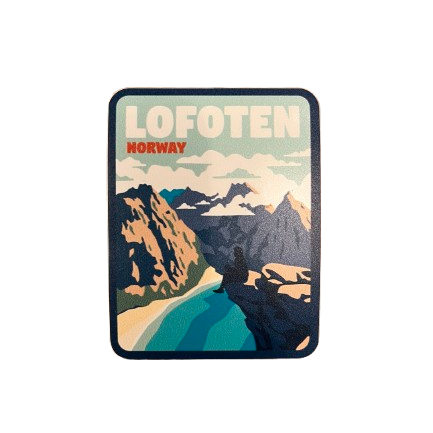 Sticker with the Ryten view over Kvalvika in Lofoten. Colors are beige, white and blue. The text says Lofoten Norway.