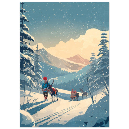 Sámi people holding their reindeer in a snowy forest, surrounded by trees and deep winter landscape.