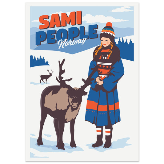 Sami girl in traditional sami clothes outside in the snow, with her reindeers.
