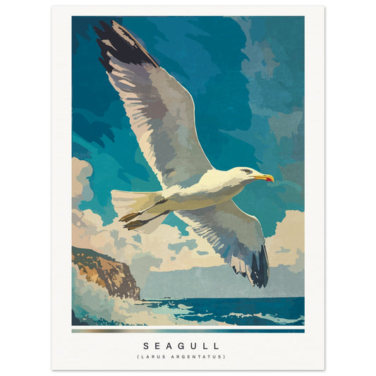 Poster of a seagull flying over water with a mountainous background