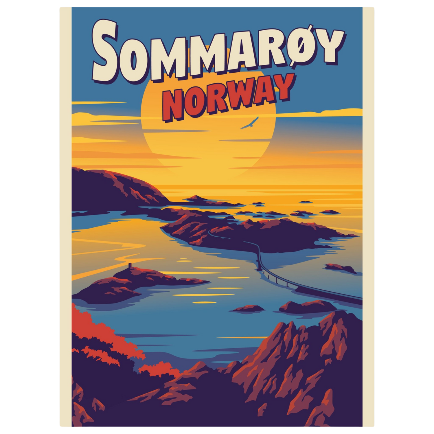 Scenic view of Sommarøy near Tromsø, Norway, with the midnight sun shining over the turquoise water and small islands.