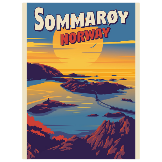 Scenic view of Sommarøy near Tromsø, Norway, with the midnight sun shining over the turquoise water and small islands.