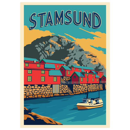 Stamsund village in Lofoten, Norway, with fishing boats, traditional houses, and mountains in the background.