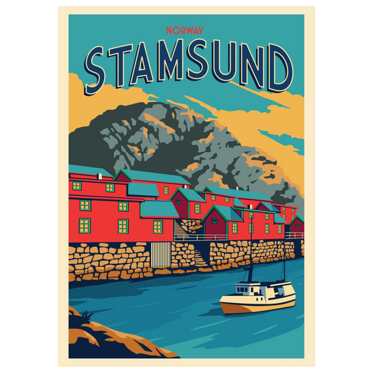 Stamsund village in Lofoten, Norway, with fishing boats, traditional houses, and mountains in the background.