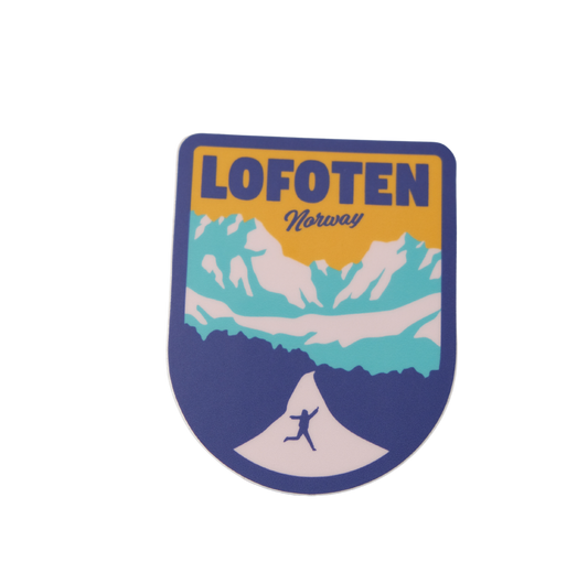 Sunny road to Nusfjord in Lofoten, sticker. A person is jumping in the middle of the road.