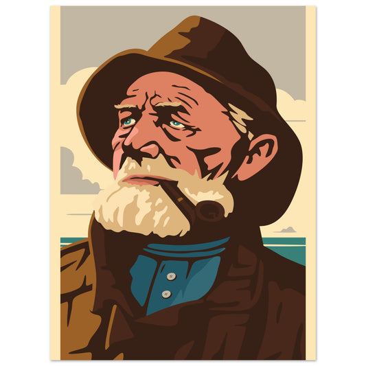 Vintage painting of an old Norwegian fisherman with a pipe, looking out to sea.
