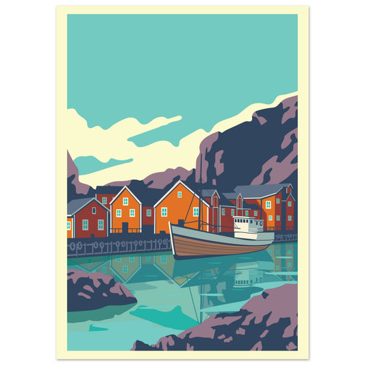 A traditional fishing boat docked in the calm summer waters of Nusfjord, surrounded by yellow wooden buildings and mountain cliffs.