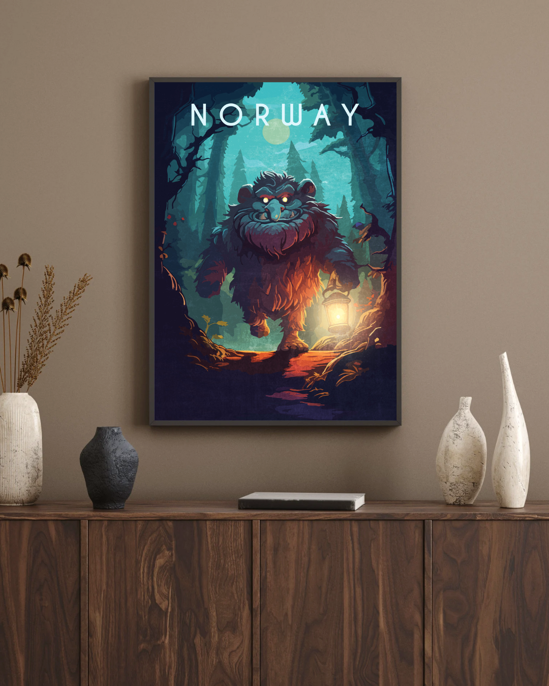 A little scary and mysterious Troll running through the dark forest with a candle holder in his hand. Brown and orange colors, blue sky with the fullmoon. Framed poster on a beige wall. Text o the poster says Norway. 