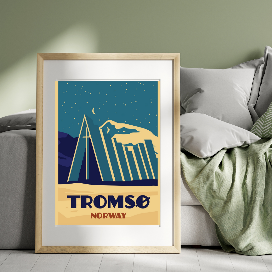 Framed picture from Ishavskatedralen in Tromsø. Snow on the roof of the church. Blue and beige colors. 