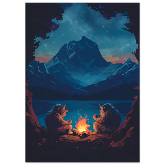 Two trolls sitting by a glowing campfire at night, surrounded by darkness and soft light from the flames.