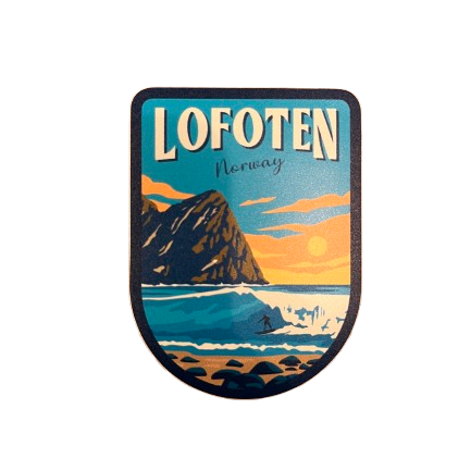 Sticker with Arctic surf in Unstad in Lofoten. Surfing in the midnight sun. Blue and yellow colors. 