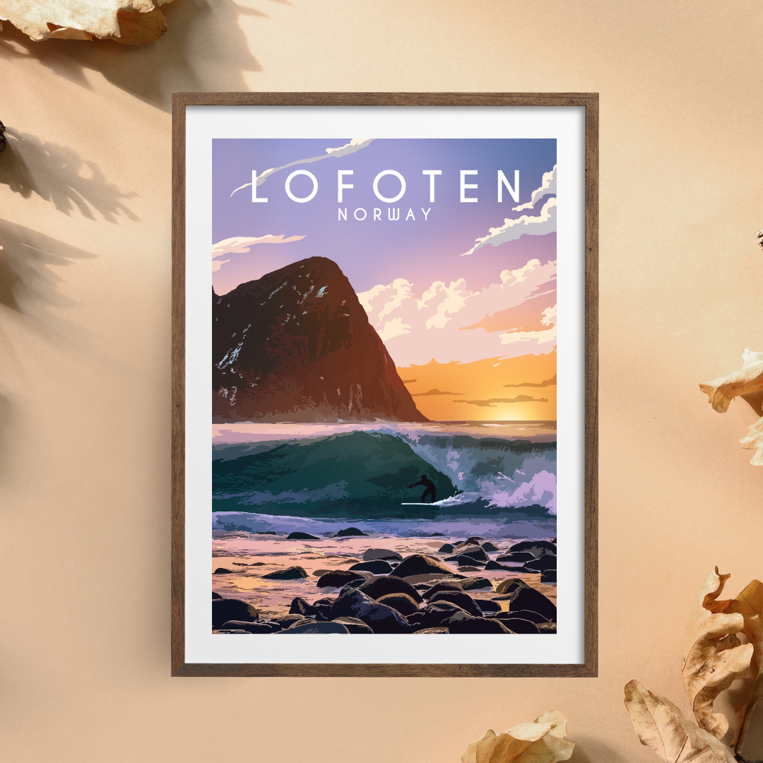 Framed artwork from Unstad in Lofoten, Norway with the classic Unstad mountain and ocean scene. Arctic midnightsun light. 