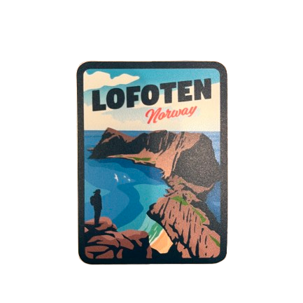 Sticker from the Vaeroy hike to Håen in Lofoten. Brown mountains, blue sea. Text says Lofoten Norway. One lonely hiker take in the view. 