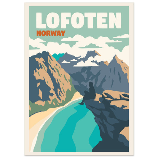 A person sitting on the edge of a cliff at Ryten, looking down at Kvalvika Beach and the dramatic mountain coastline in Lofoten.